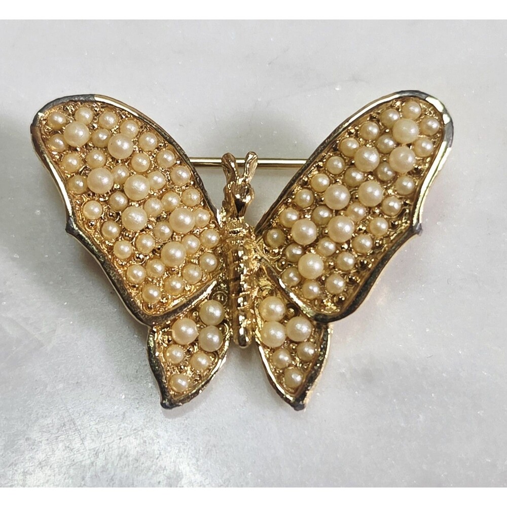 Vintage Crown Trifari Brooch Gold Faux Pearl Butterfly Small Signed 1950-60s